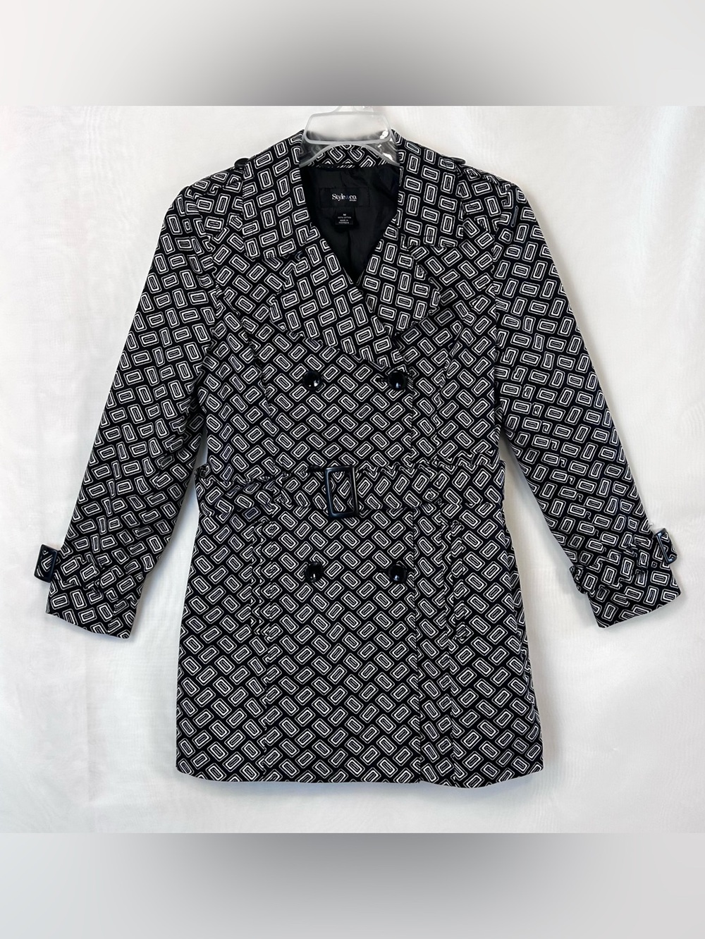 Style & Co Women's Black & White Geometric Print Double Breasted Trench Coat